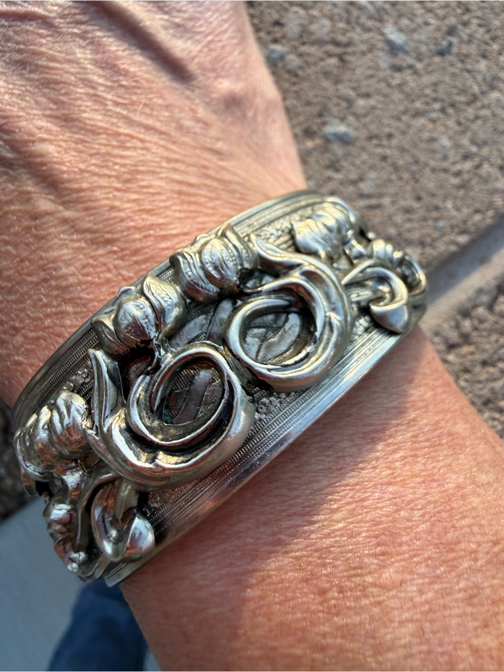 Antique Victorian Silverplate Hinged Cuff Bracelet Repoussé Scroll Design